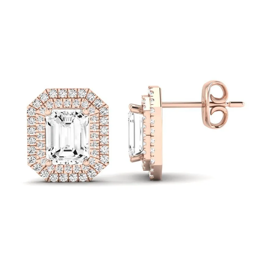 Cerise Emerald Cut Lab Diamond Halo Stud Earrings