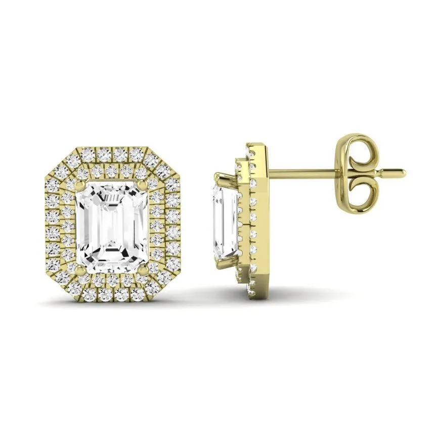 Cerise Emerald Cut Lab Diamond Halo Stud Earrings