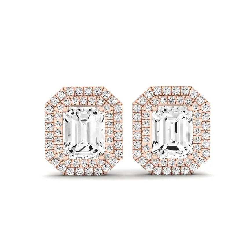 Cerise Emerald Cut Lab Diamond Halo Stud Earrings