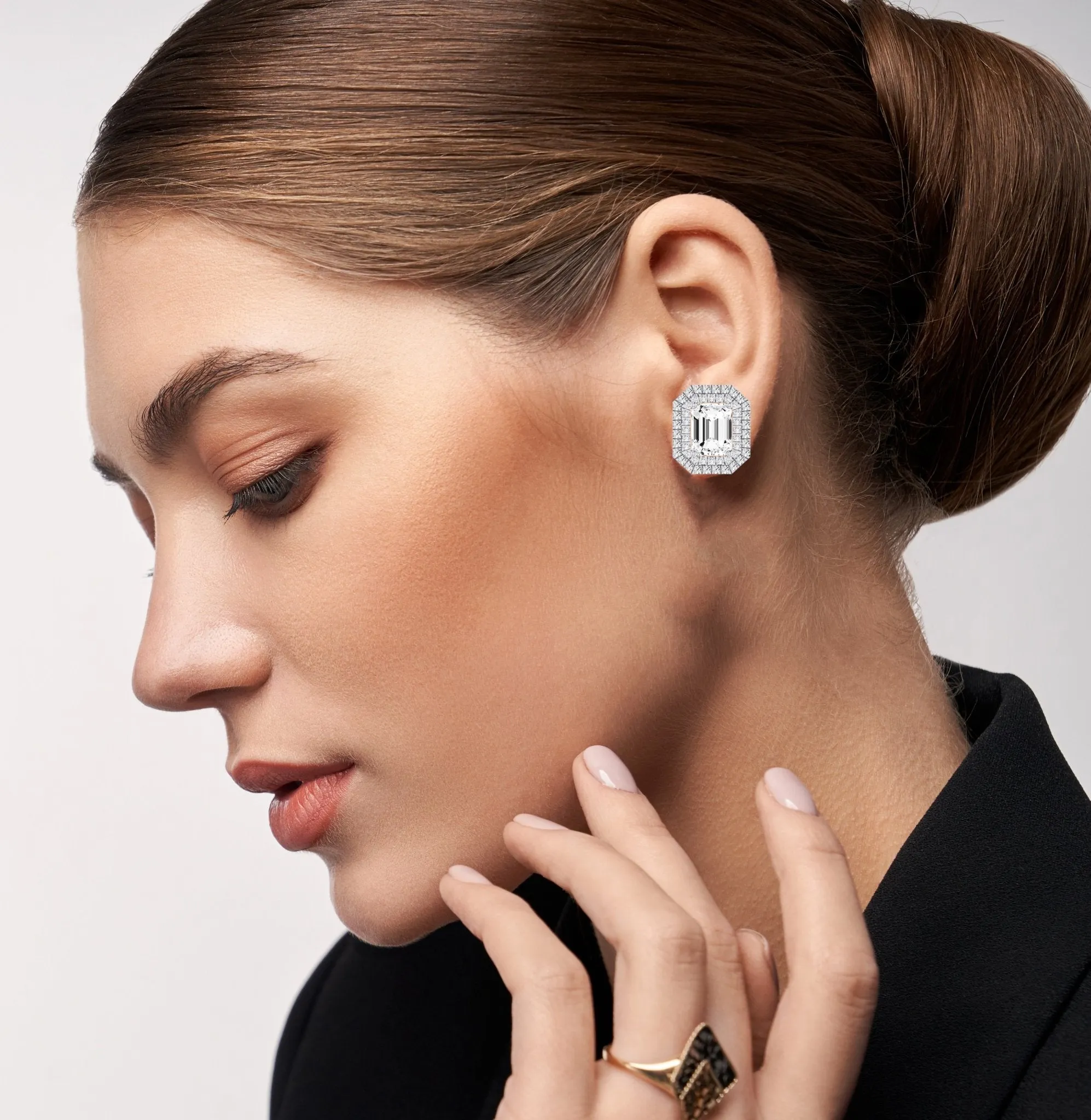 Cerise Emerald Cut Lab Diamond Halo Stud Earrings