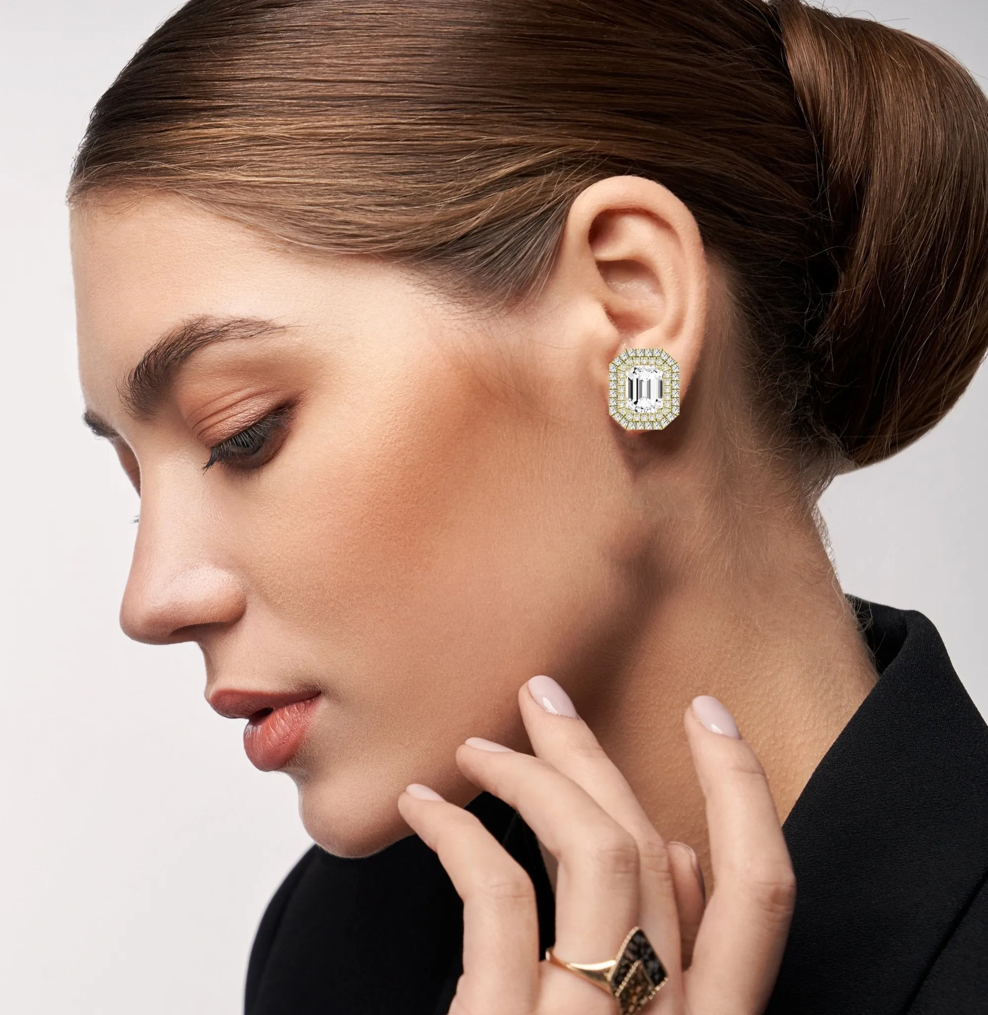 Cerise Emerald Cut Lab Diamond Halo Stud Earrings
