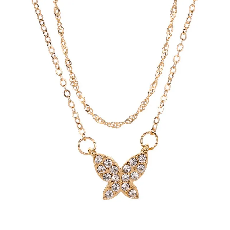Charming Double-deck Gold Butterfly Pendant Necklace Exquisite Women's Wedding Party Crystal Choker Fashion Lady Jewelry Gift