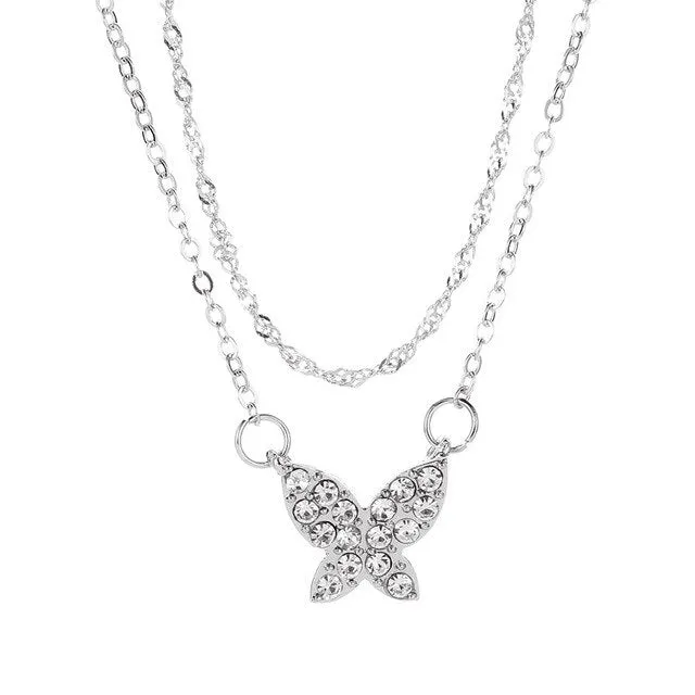 Charming Double-deck Gold Butterfly Pendant Necklace Exquisite Women's Wedding Party Crystal Choker Fashion Lady Jewelry Gift
