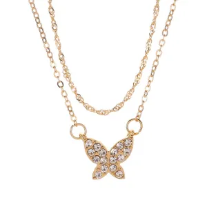 Charming Double-deck Gold Butterfly Pendant Necklace Exquisite Women's Wedding Party Crystal Choker Fashion Lady Jewelry Gift