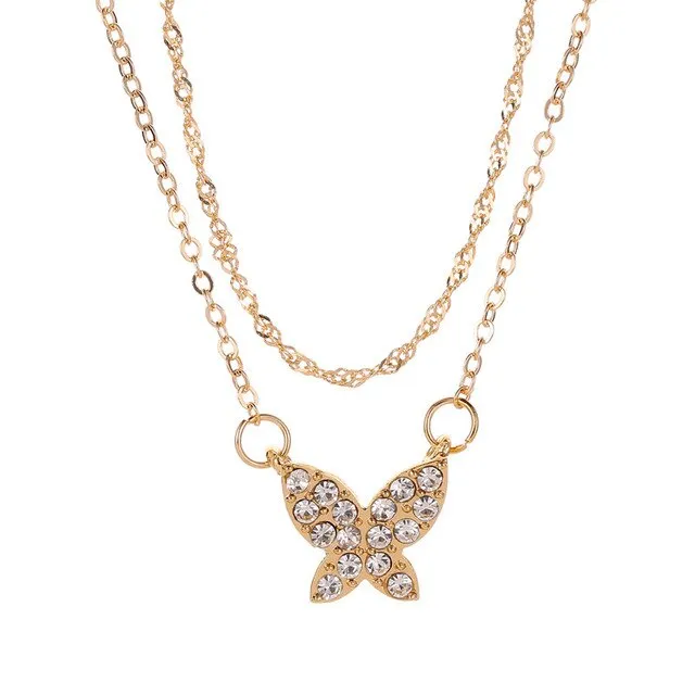 Charming Double-deck Gold Butterfly Pendant Necklace Exquisite Women's Wedding Party Crystal Choker Fashion Lady Jewelry Gift
