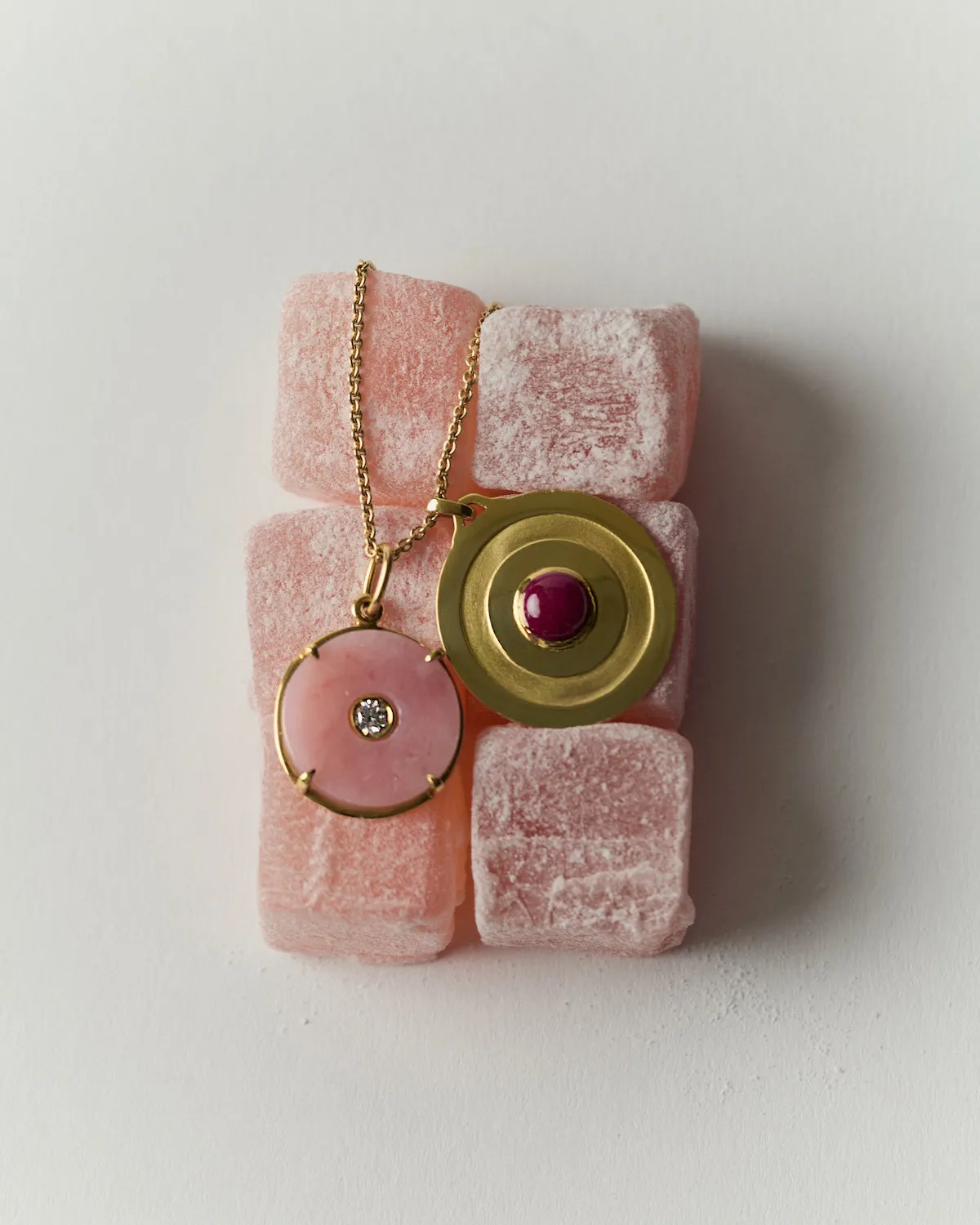 Circle Pendant in Pink Opal with Diamond