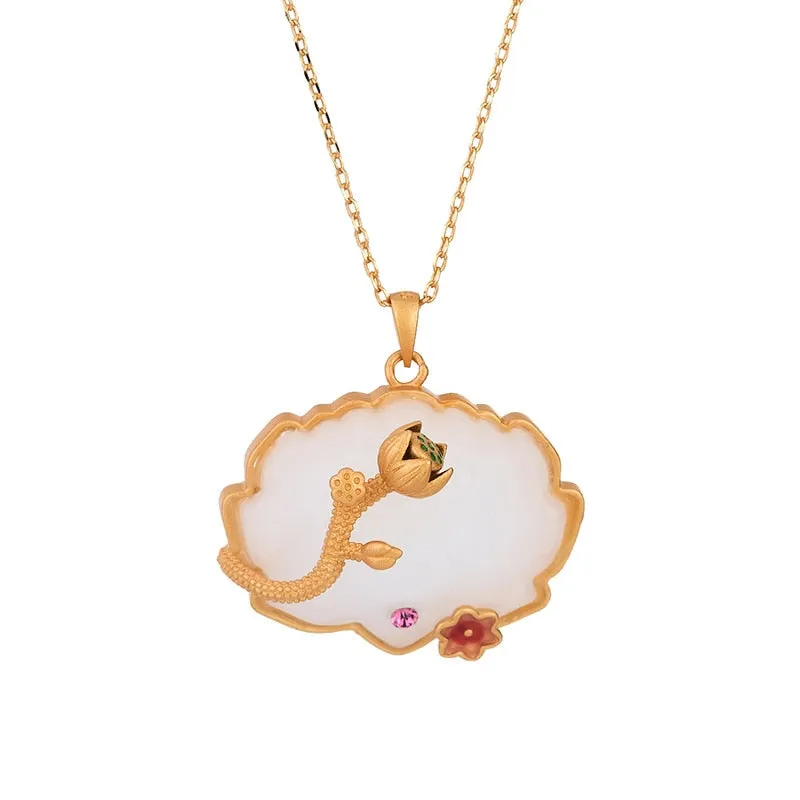 Classic new in natural Hetian jade lotus pendant necklace