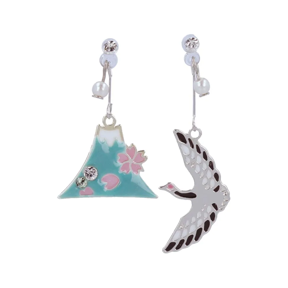 Crane and Fujiyama Japanese Traditional Symbol Invisible Clip On Earrings