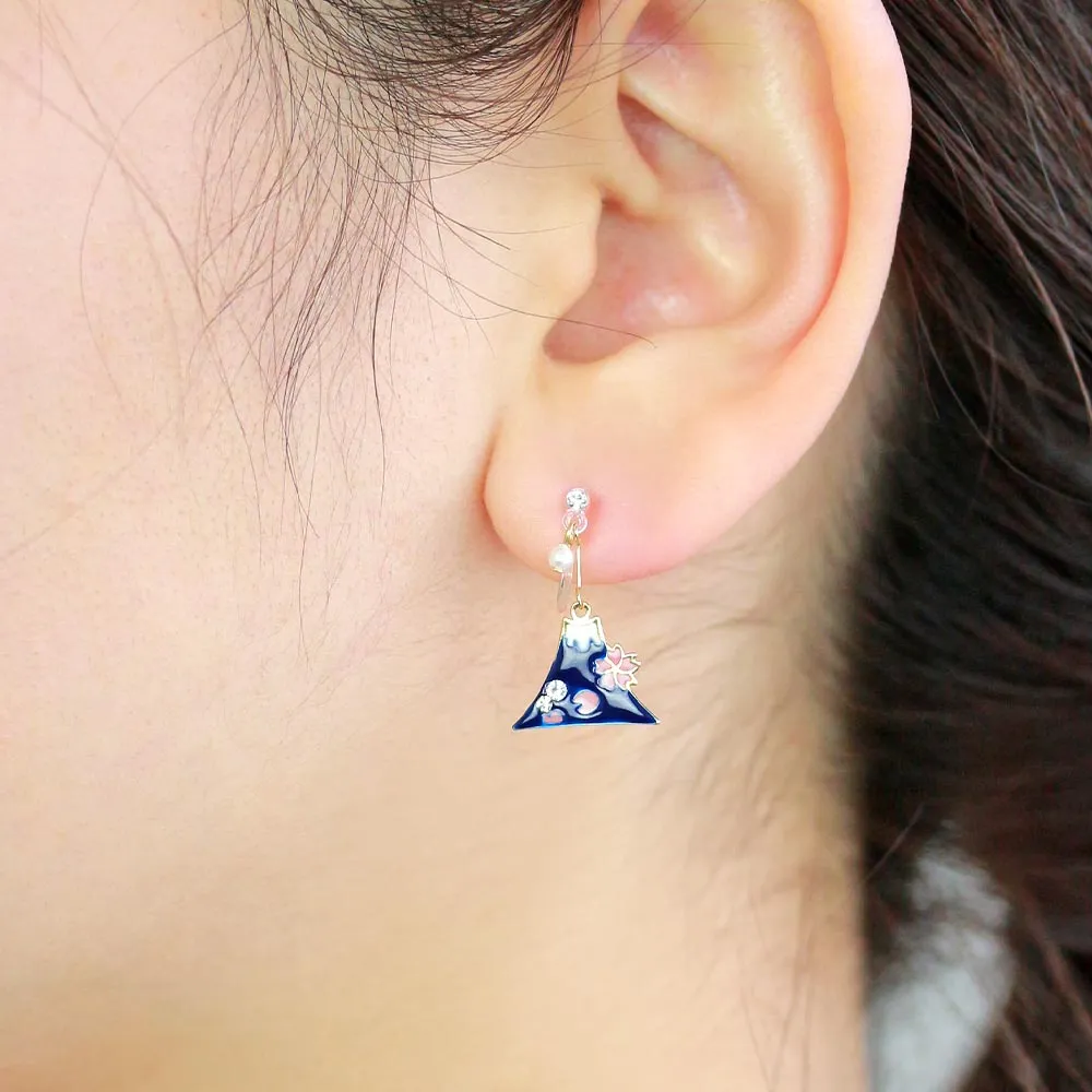Crane and Fujiyama Japanese Traditional Symbol Invisible Clip On Earrings