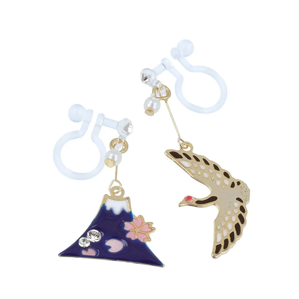 Crane and Fujiyama Japanese Traditional Symbol Invisible Clip On Earrings