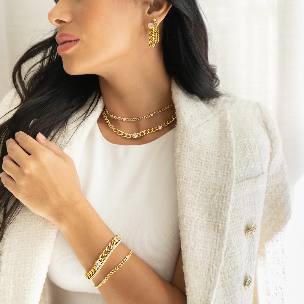 CZ Gemstone Thin Cuban Link Dangle Earrings (K37A)
