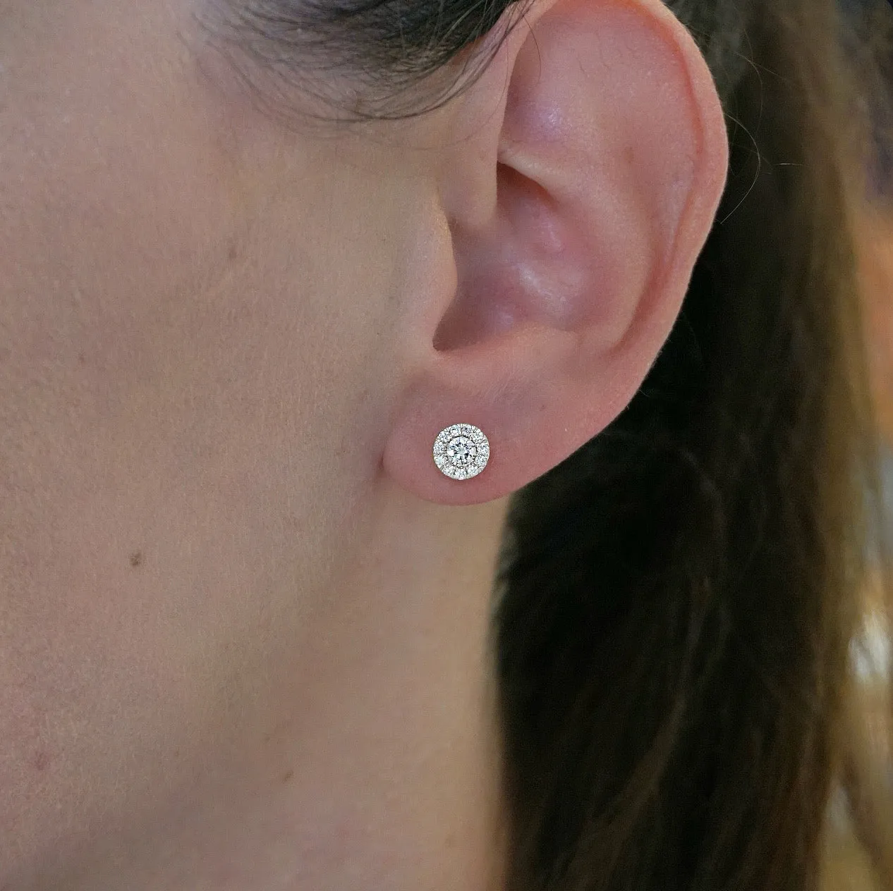 Diamond Halo Stud Earrings-White Gold