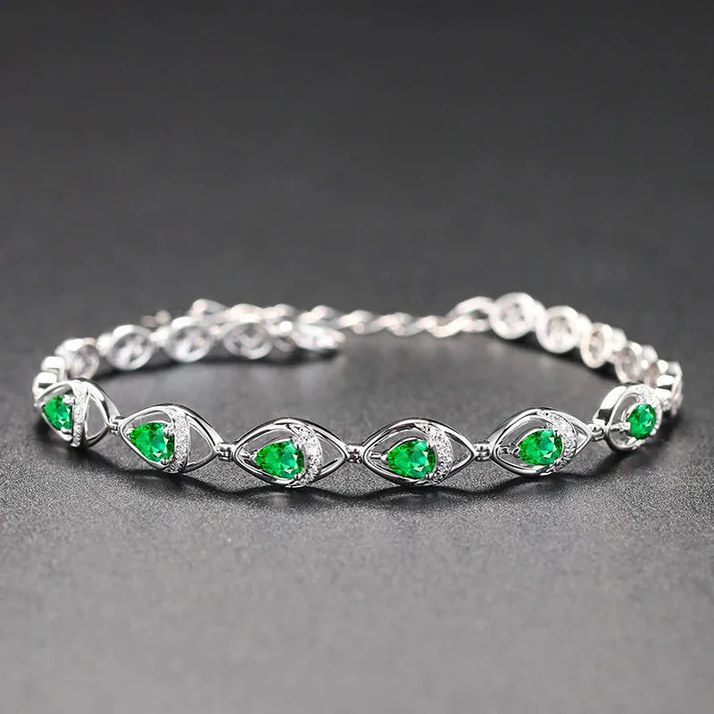 Emerald Water Drop 925 Silver Bracelet for Women