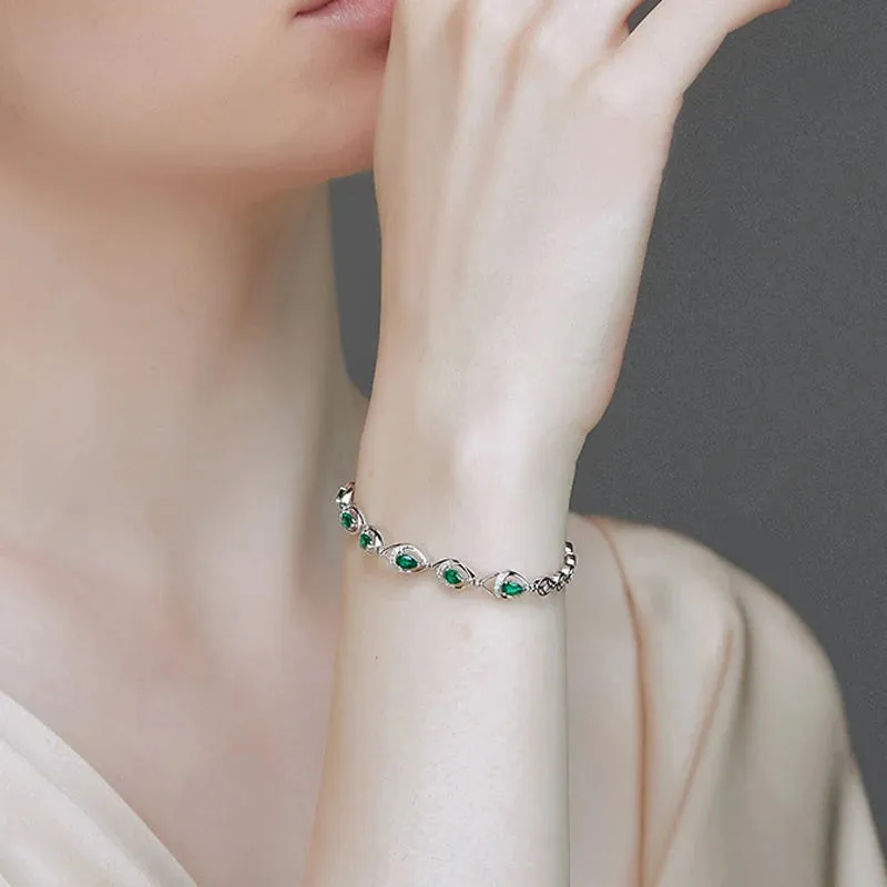 Emerald Water Drop 925 Silver Bracelet for Women