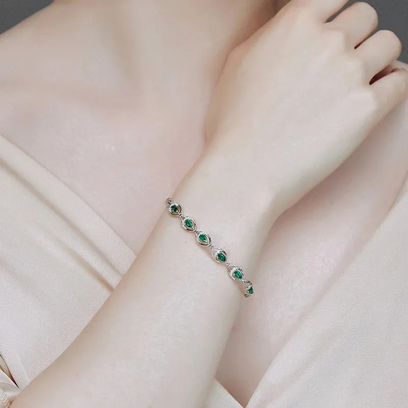 Emerald Water Drop 925 Silver Bracelet for Women