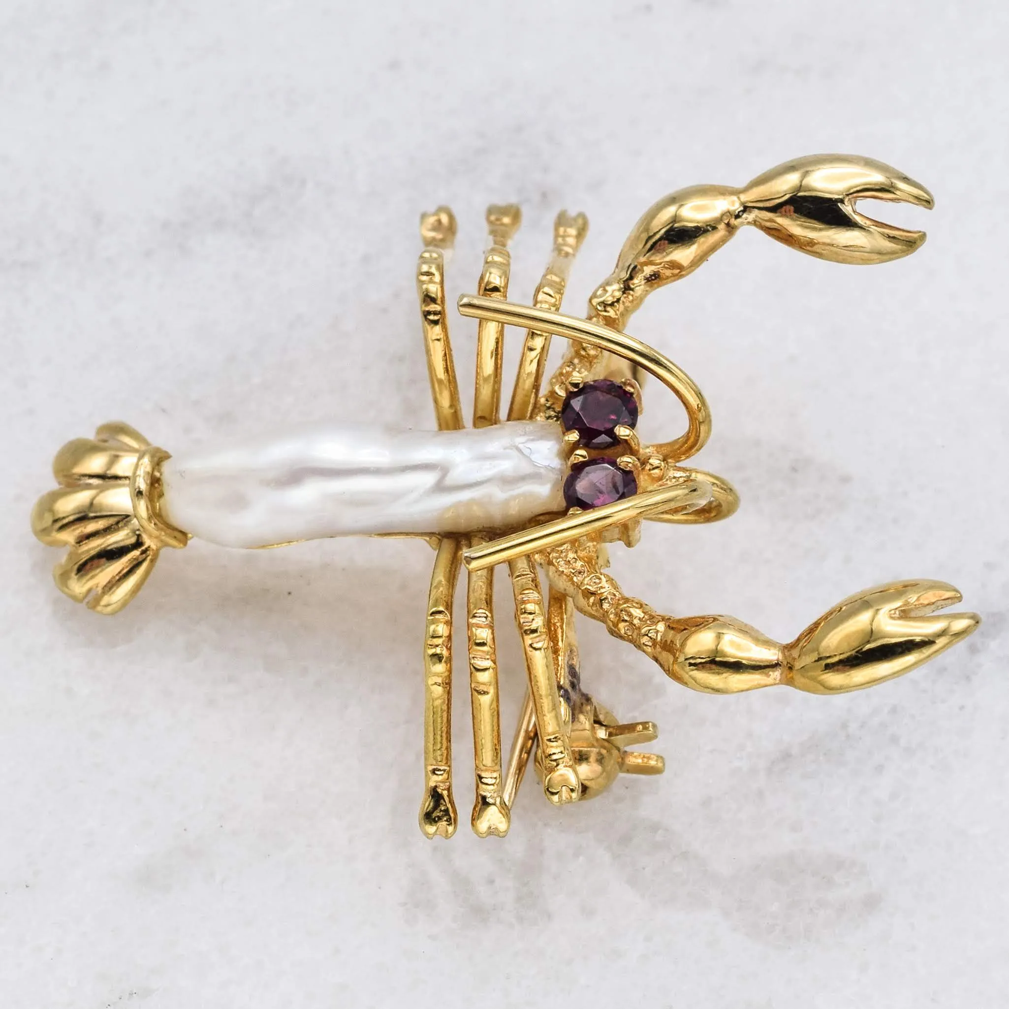 Estate 14K Yellow Gold Lobster Brooch With Baroque Pearl And Garnet
