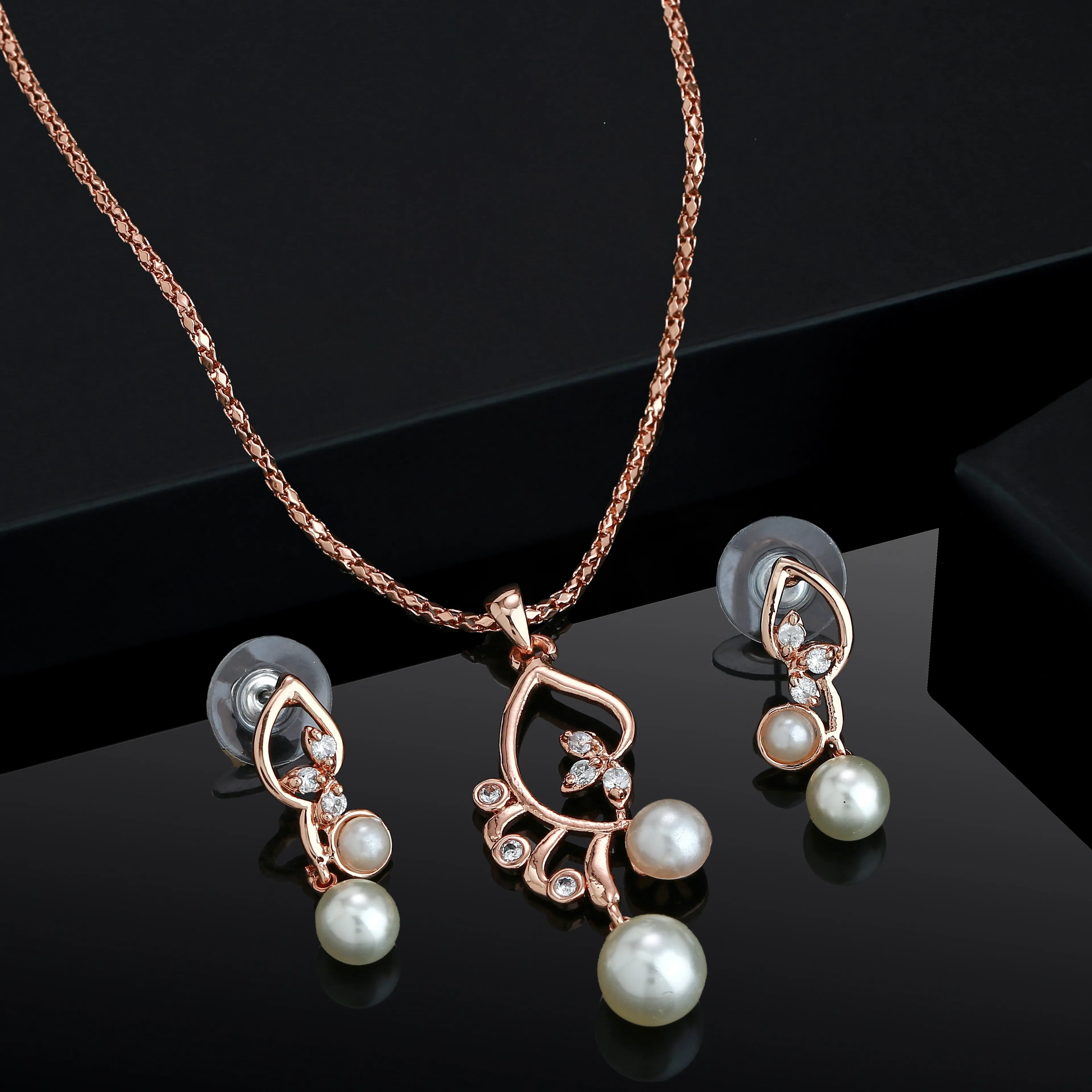 Estele Rose Gold Plated Leaf Designer Stylish Pendant Set with Pearls for Women