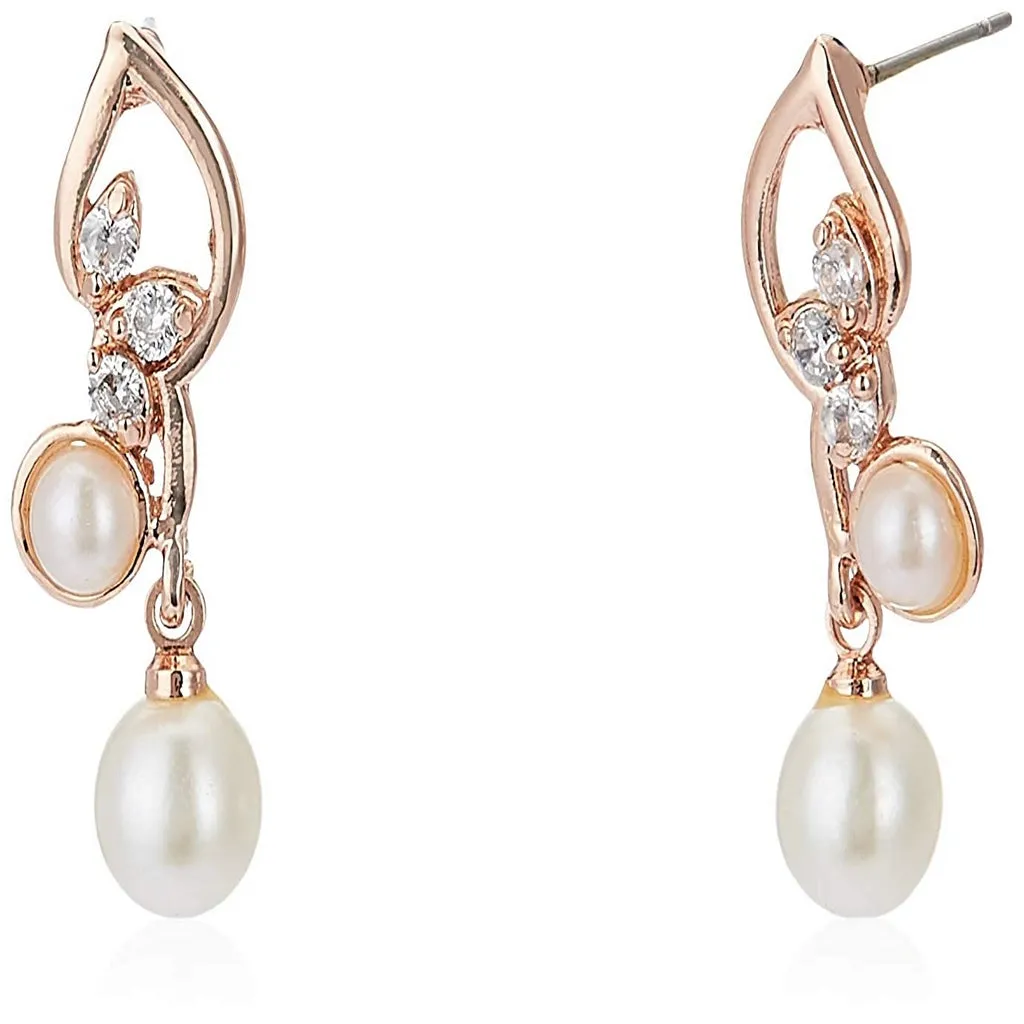 Estele Rose Gold Plated Leaf Designer Stylish Pendant Set with Pearls for Women