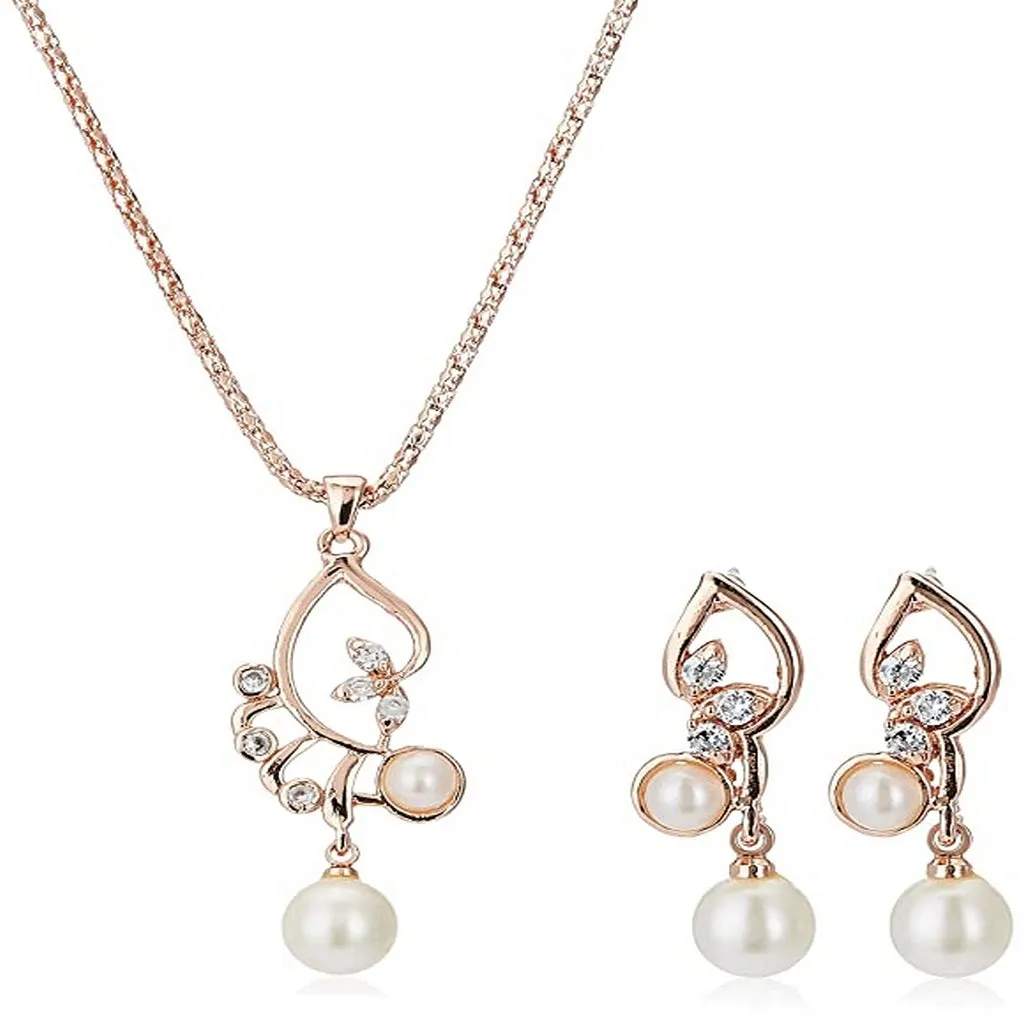 Estele Rose Gold Plated Leaf Designer Stylish Pendant Set with Pearls for Women
