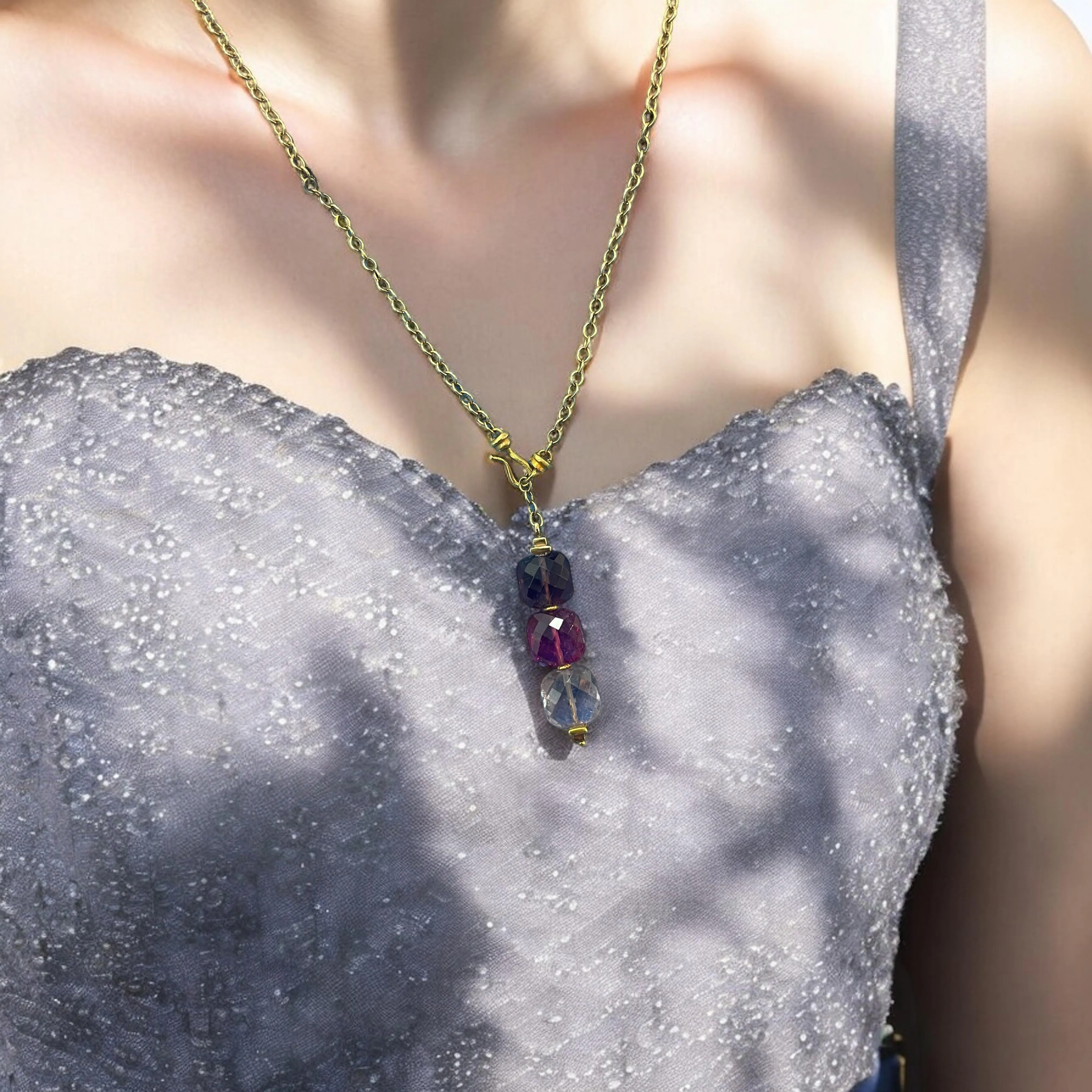 Exquisite 18K Yellow Gold Pink and Purple Gemstone Necklace