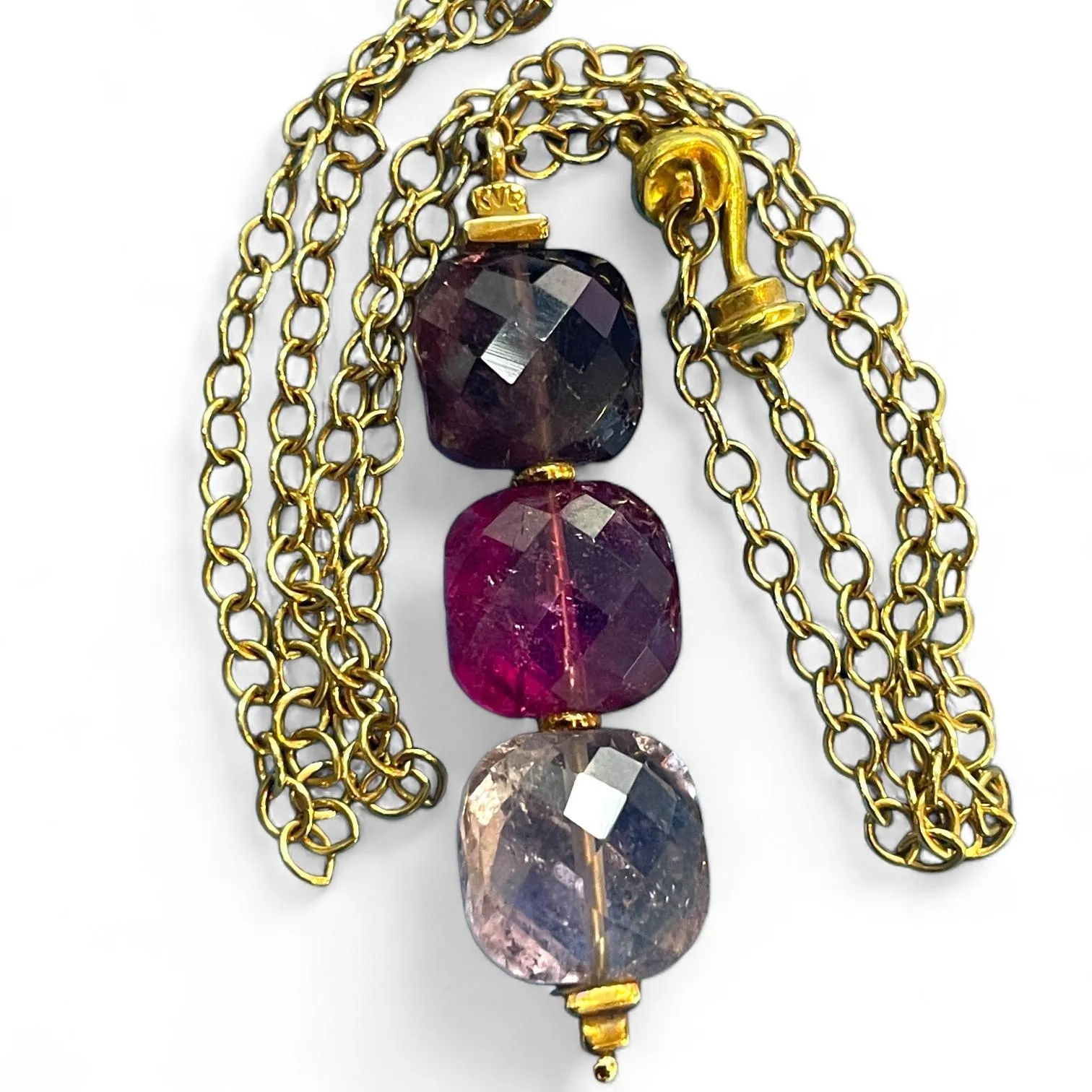 Exquisite 18K Yellow Gold Pink and Purple Gemstone Necklace