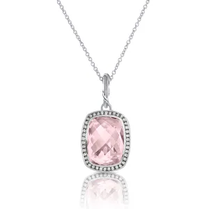Fantasies Rose Quartz Halo Pendant Necklace in sterling silver with white topaz