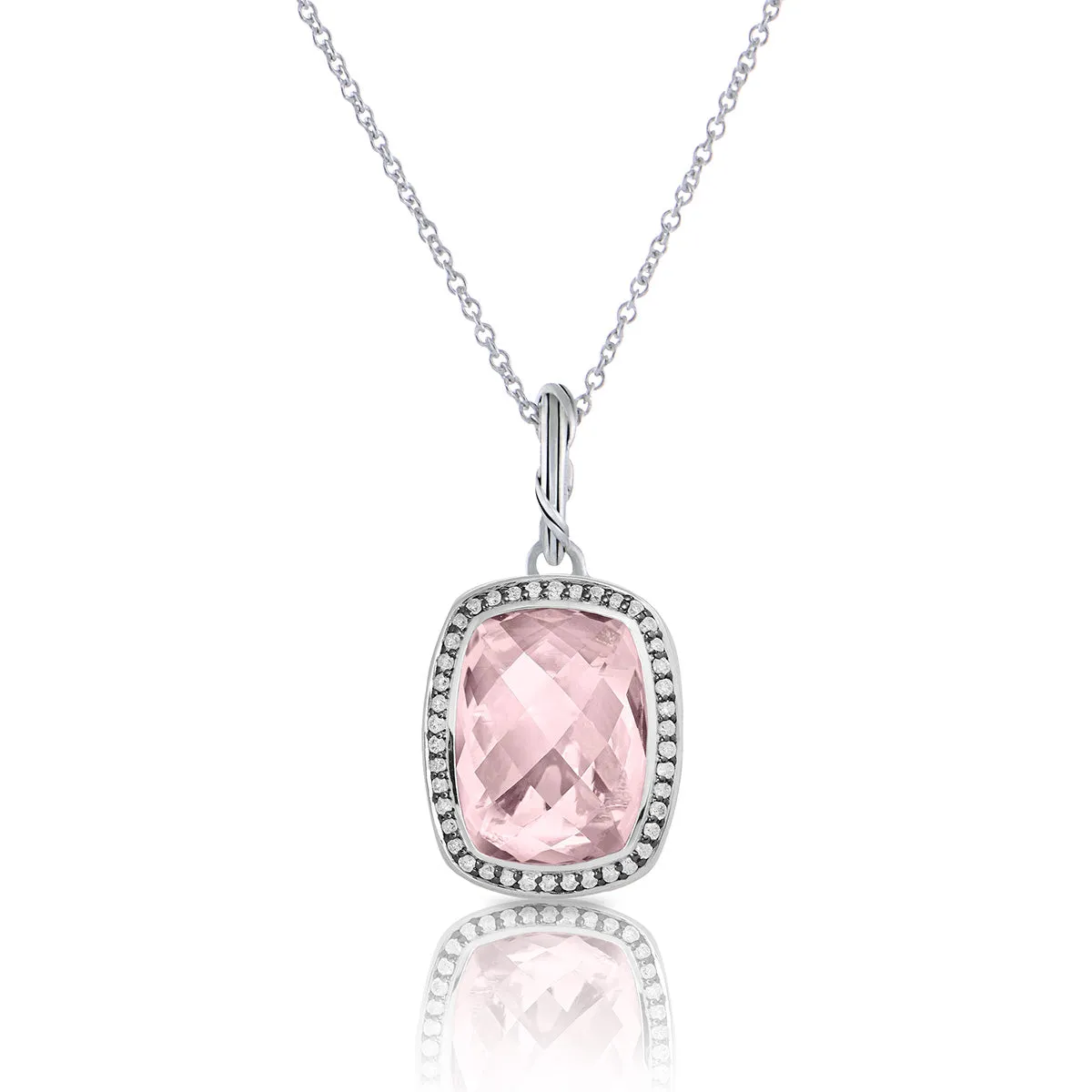 Fantasies Rose Quartz Halo Pendant Necklace in sterling silver with white topaz