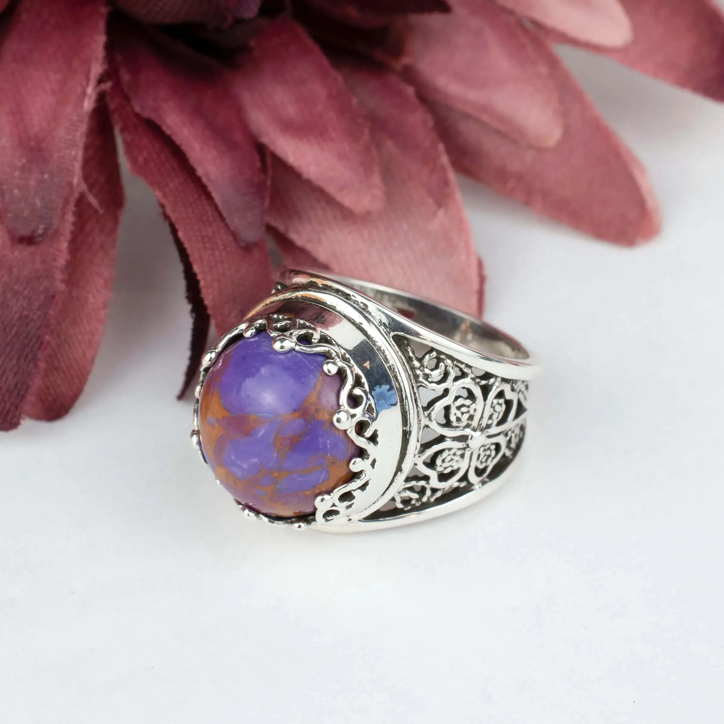 Filigree Art Mojave Turquoise Gemstone Women Crown Silver Statement Ring