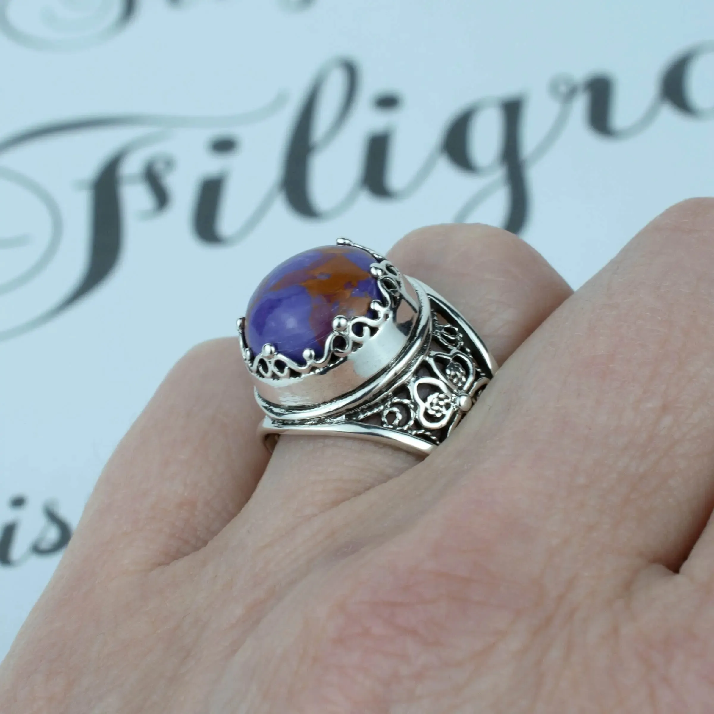 Filigree Art Mojave Turquoise Gemstone Women Crown Silver Statement Ring