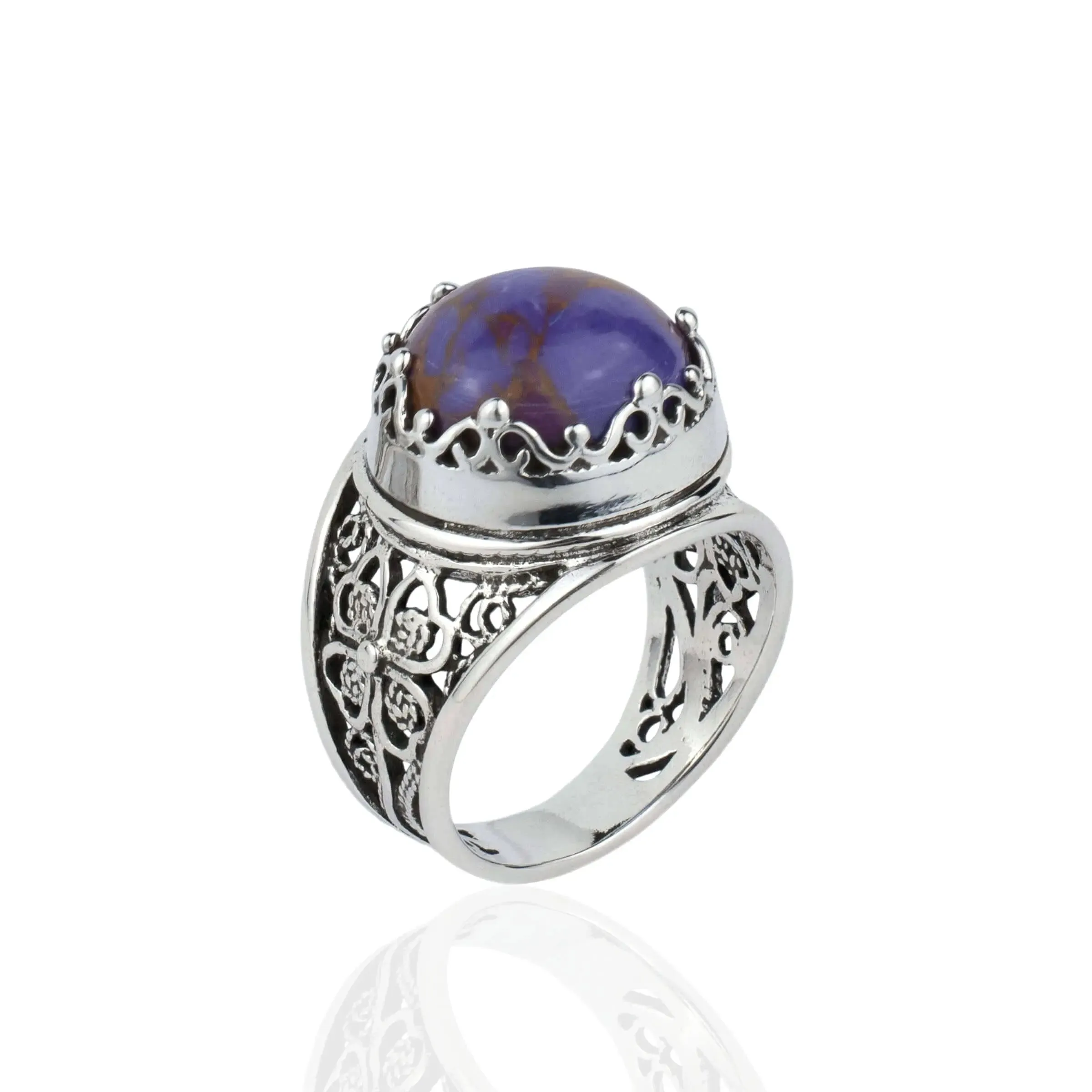 Filigree Art Mojave Turquoise Gemstone Women Crown Silver Statement Ring
