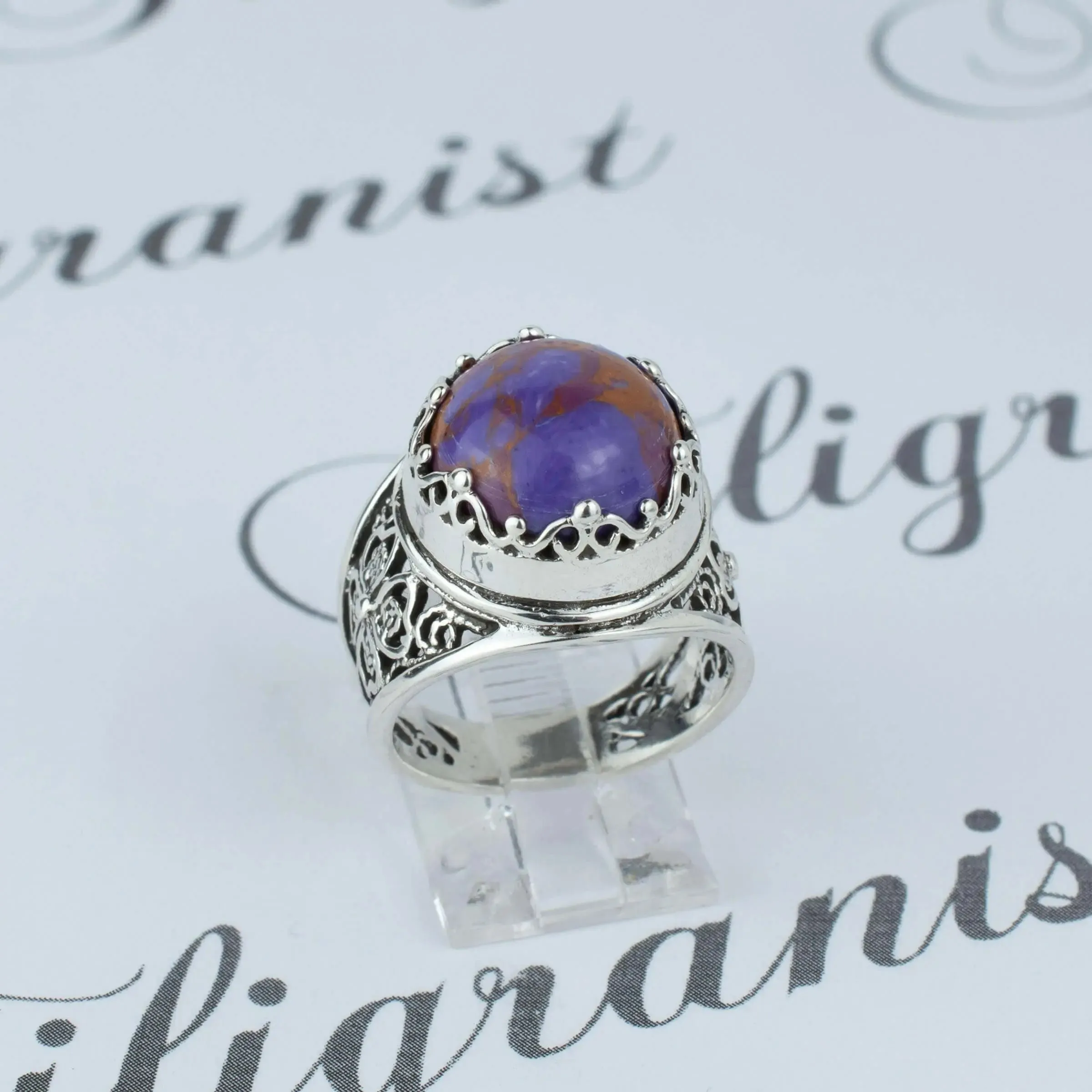 Filigree Art Mojave Turquoise Gemstone Women Crown Silver Statement Ring