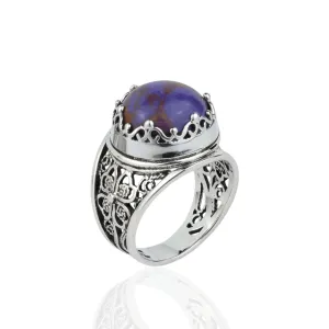 Filigree Art Mojave Turquoise Gemstone Women Crown Silver Statement Ring