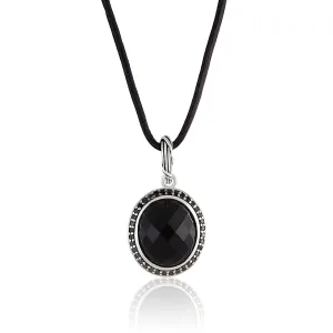 Galaxy Black Onyx Halo Necklace in sterling silver with black spinels and leather 20”