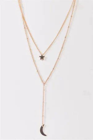 Gold Double Chain With Moon & Star Pendants Necklace