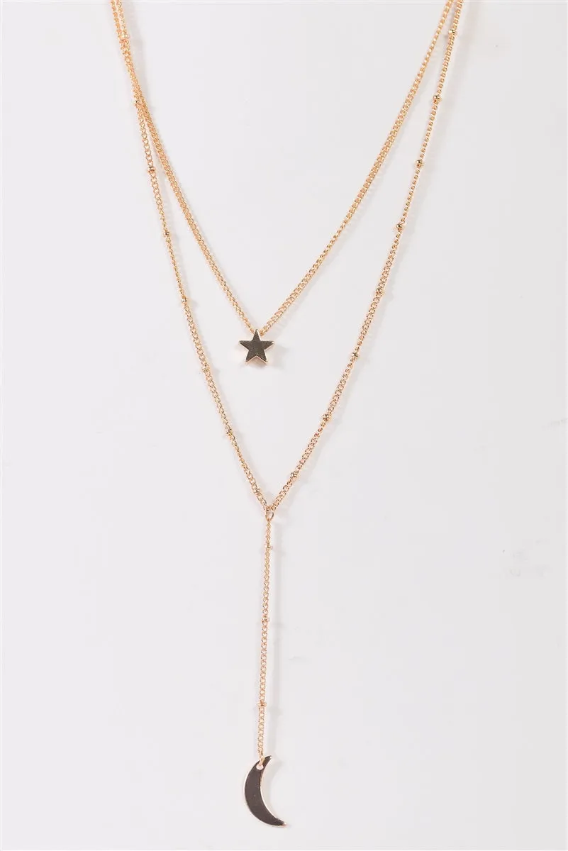 Gold Double Chain With Moon & Star Pendants Necklace