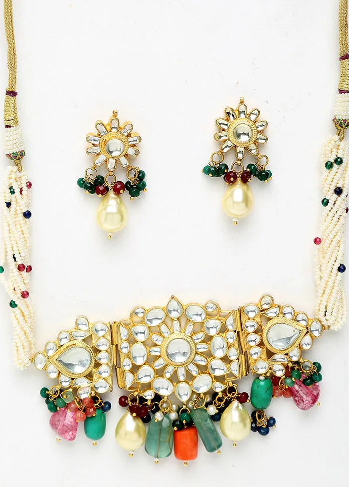 Gold Plated Kundan Choker With Multicolored Beads
