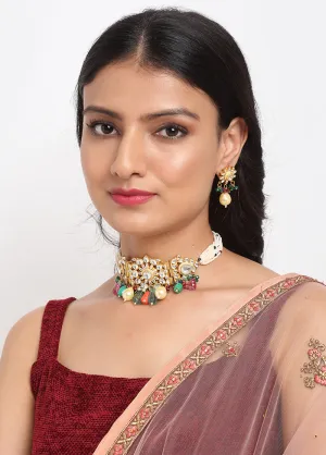 Gold Plated Kundan Choker With Multicolored Beads