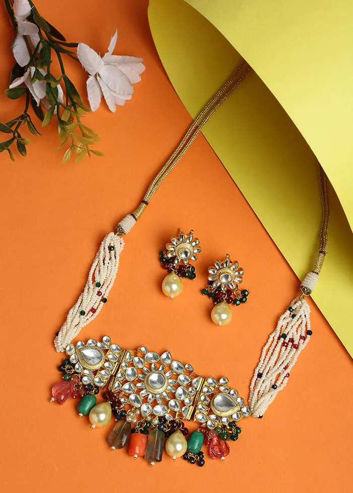 Gold Plated Kundan Choker With Multicolored Beads