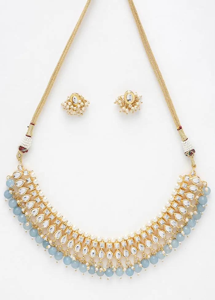Gold Plated Kundan Jewellery Set With Powder Blue Beads