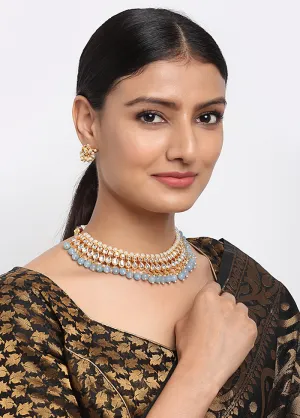 Gold Plated Kundan Jewellery Set With Powder Blue Beads