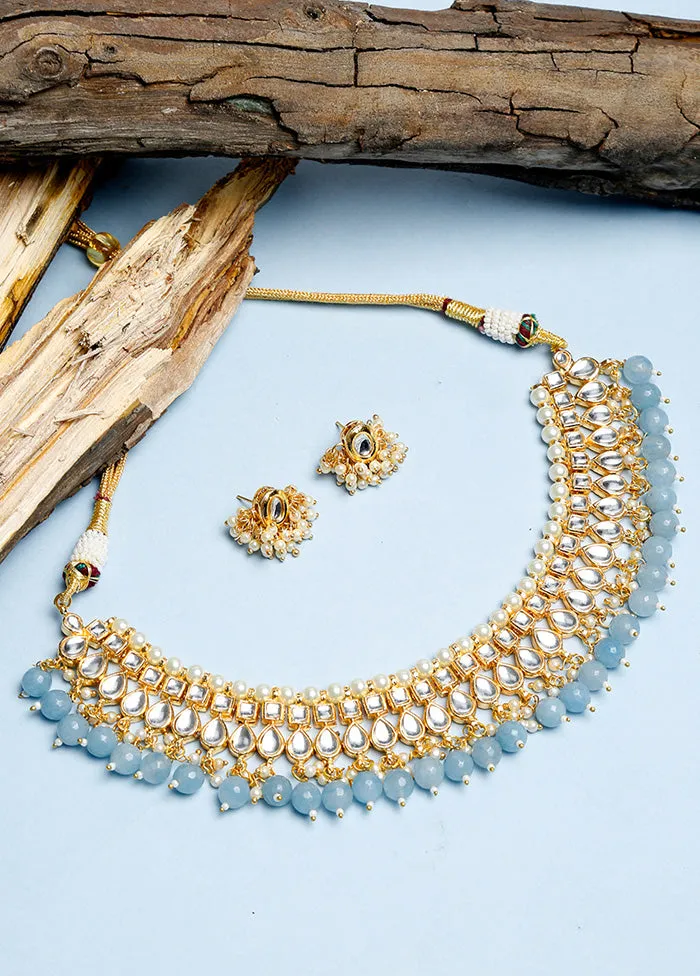 Gold Plated Kundan Jewellery Set With Powder Blue Beads