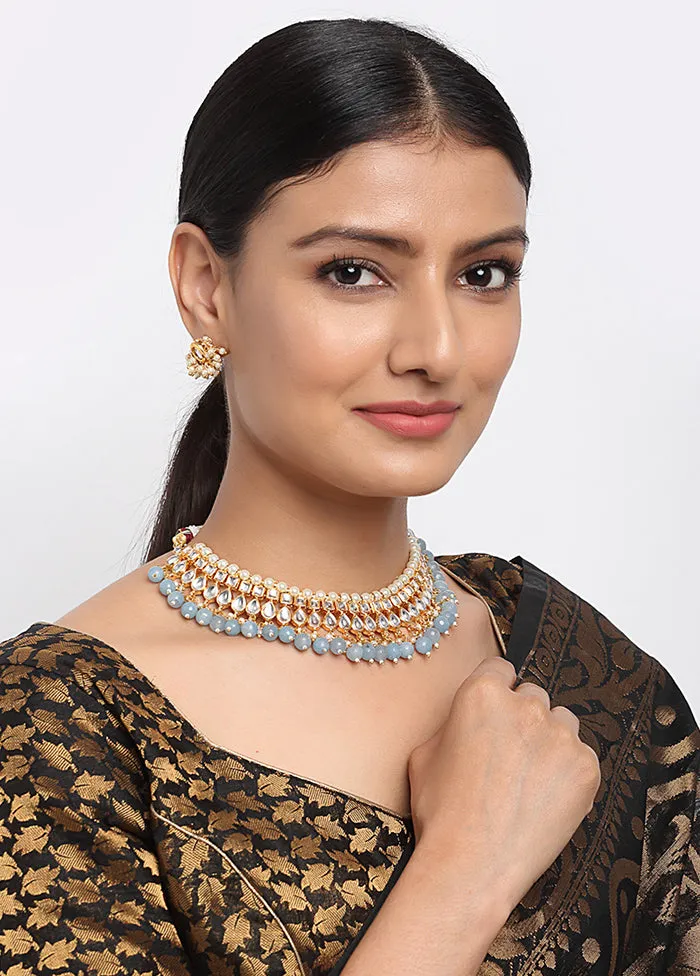 Gold Plated Kundan Jewellery Set With Powder Blue Beads