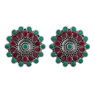 Gold Plated Ruby & Green Floral Traditional Stud Earrings