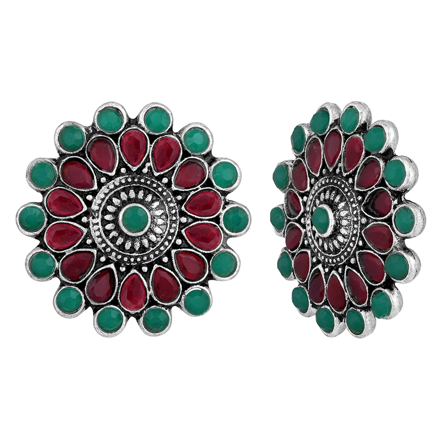 Gold Plated Ruby & Green Floral Traditional Stud Earrings