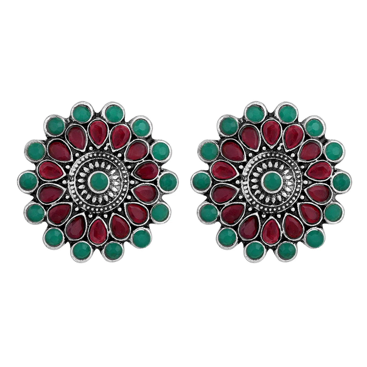 Gold Plated Ruby & Green Floral Traditional Stud Earrings