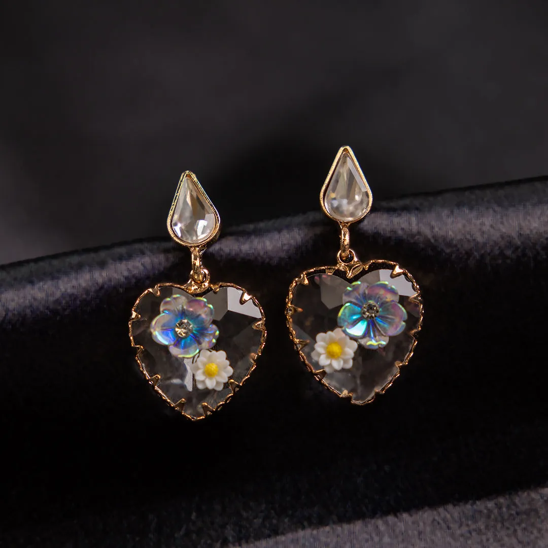 Gold Plated White Heart Rhinestone Flower Earring
