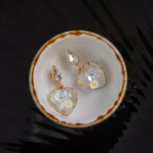 Gold Plated White Heart Rhinestone Flower Earring