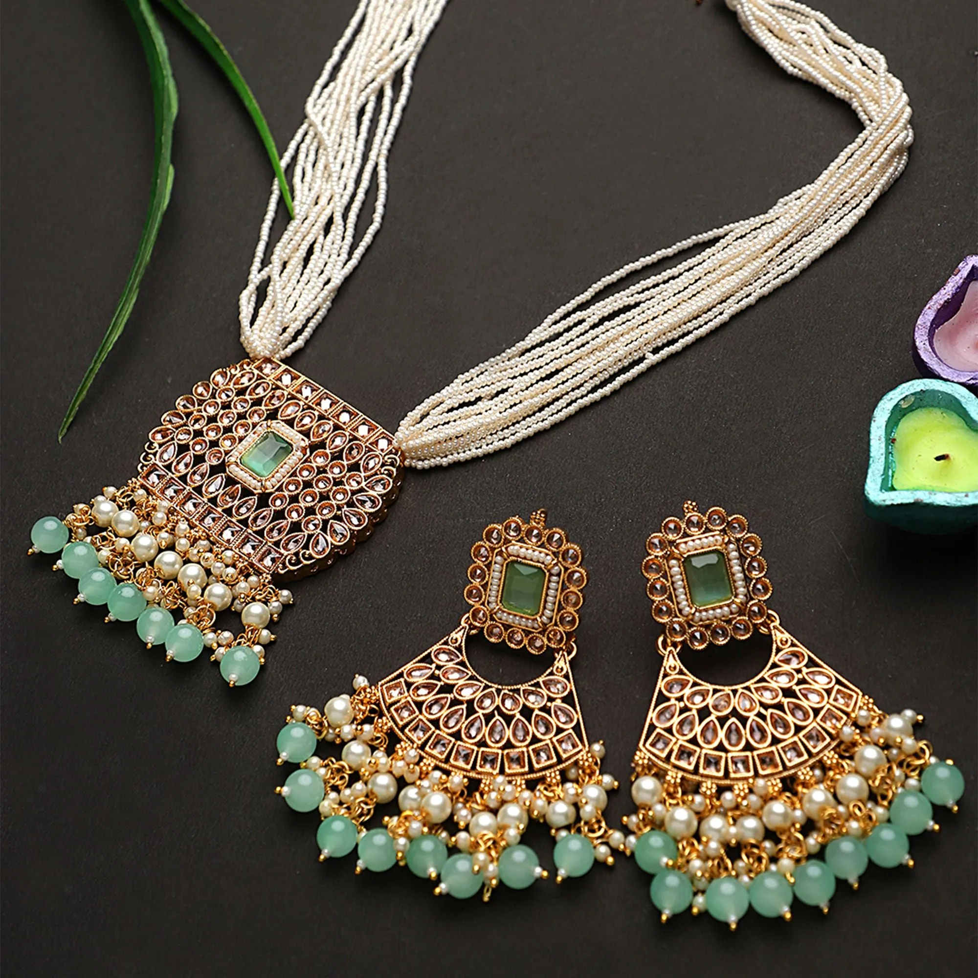 Golden Indian Kundan Long Necklace Set