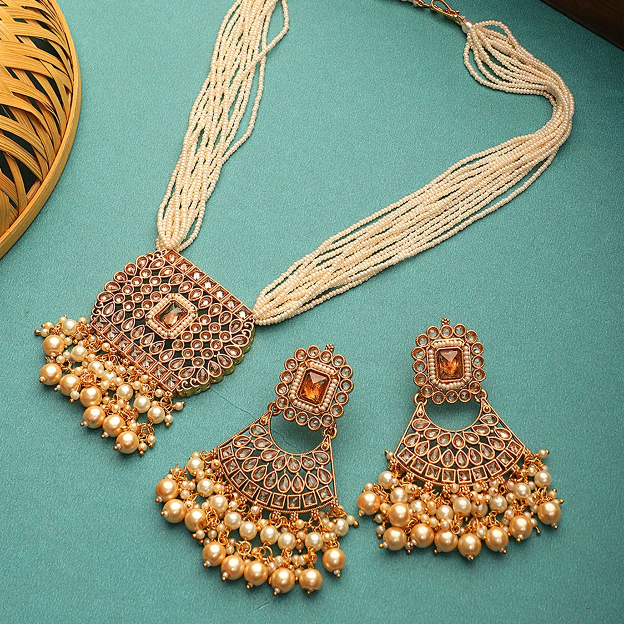 Golden Indian Kundan Long Necklace Set