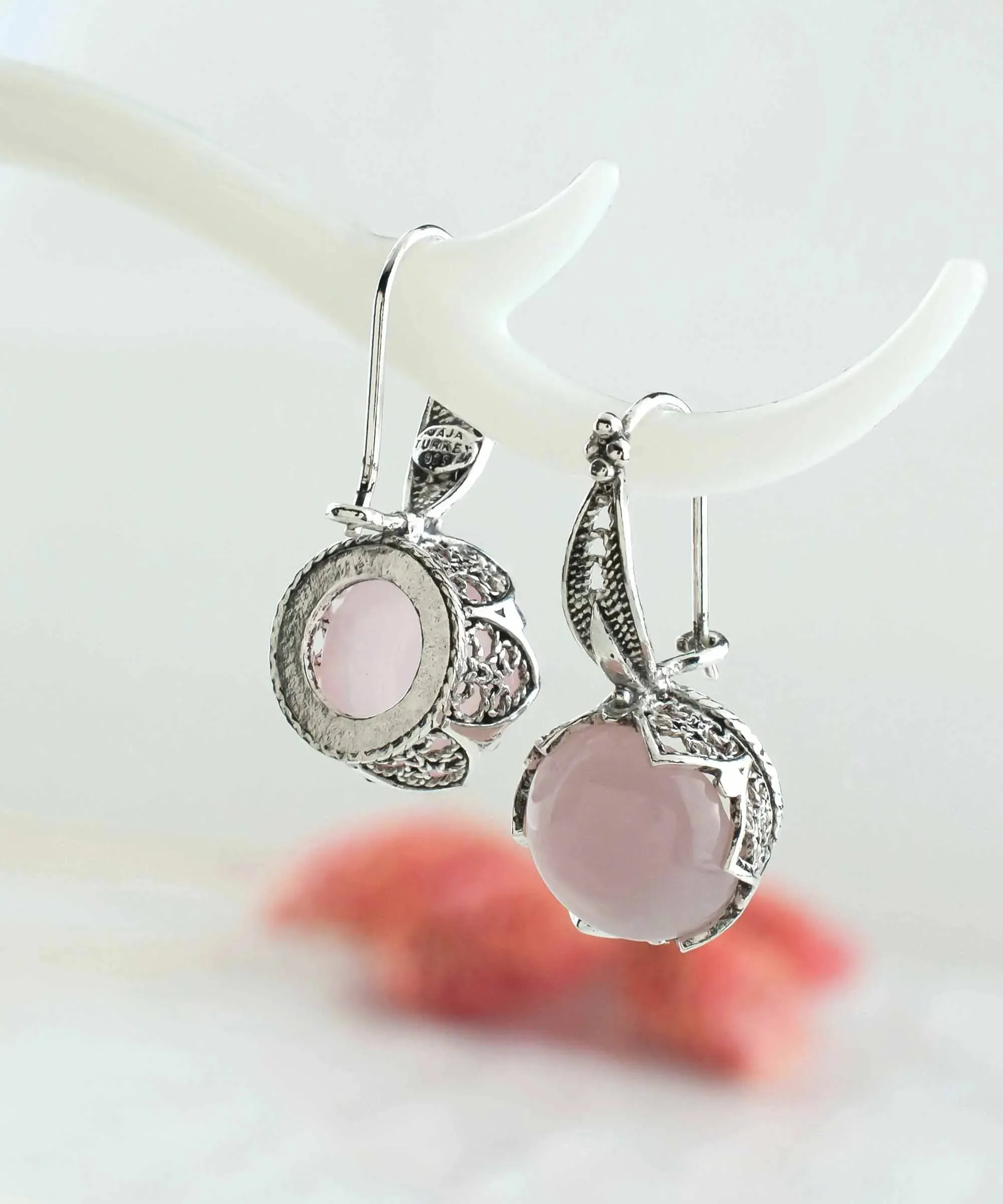 Graceful Filigree Leaf Pattern Rose Quartz Sterling Silver Drop Earrings